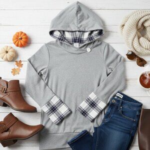 L*Show Plaid-Accented Cowl Neck Hoodie
